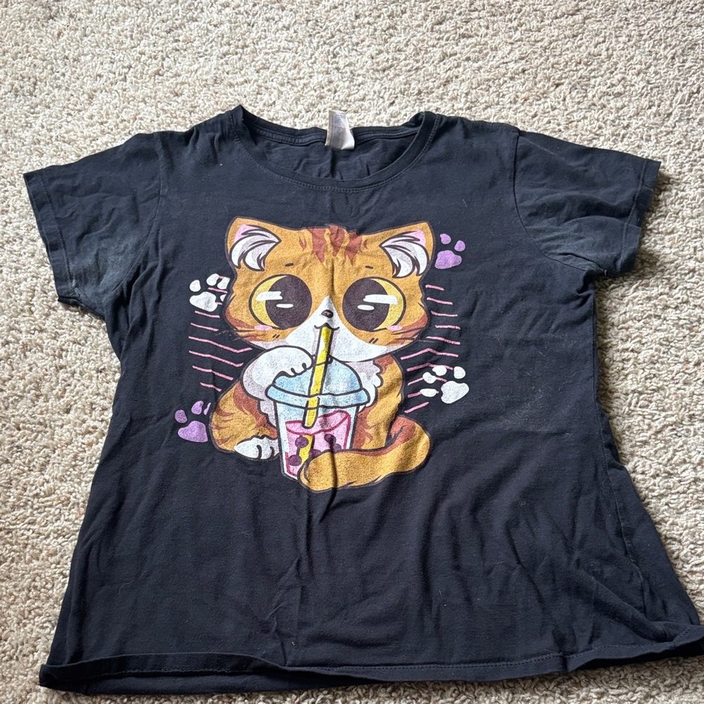 Black Cat Graphic Tee with Orange Kitten Design
